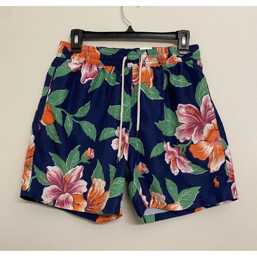 Polo Ralph Lauren Traveler Swim Trunks Men’s M Navy Tropical Floral Beach Lined